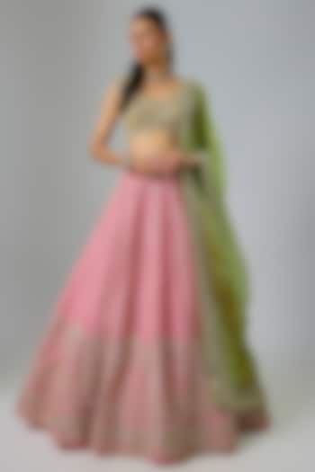 Pink Organza Hand Embroidered Bridal Lehenga Set  by Anushree Reddy at Pernia's Pop Up Shop