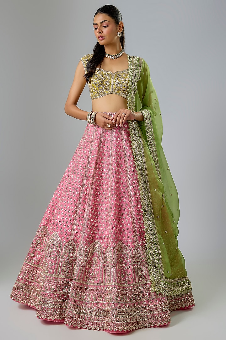 Pink Organza Hand Embroidered Bridal Lehenga Set  by Anushree Reddy at Pernia's Pop Up Shop