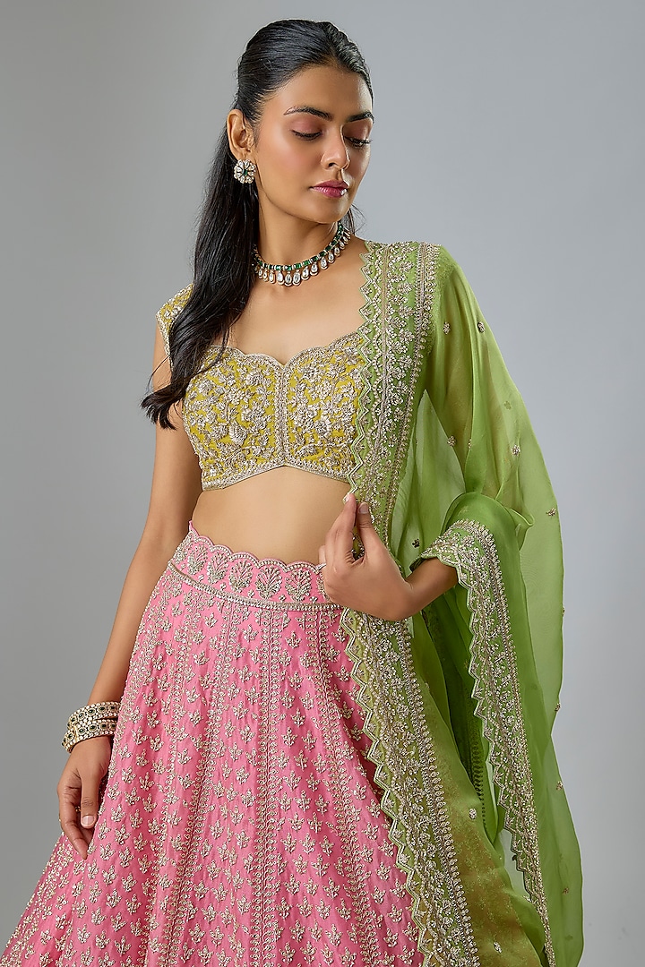 Pink Organza Hand Embroidered Bridal Lehenga Set by Anushree Reddy at Pernia's Pop Up Shop