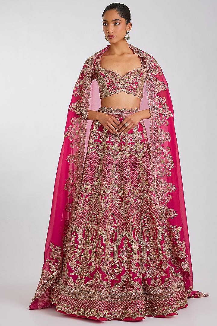 Cherry Red Organza Hand Embroidered Bridal Lehenga Set by Anushree Reddy at Pernia's Pop Up Shop