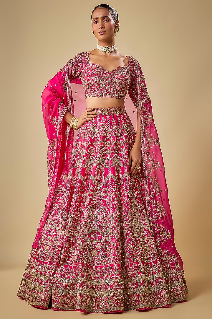 Hot Pink Organza Hand Embroidered Bridal Lehenga Set by Anushree Reddy at Pernia's Pop Up Shop