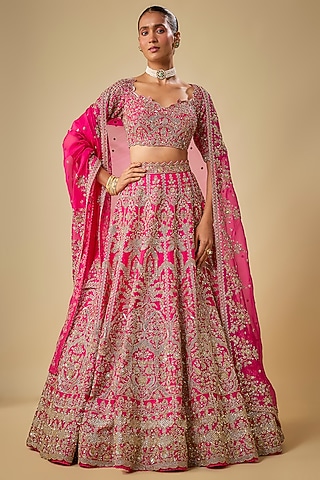 Hot Pink Organza Hand Embroidered Lehenga Set by Anushree Reddy