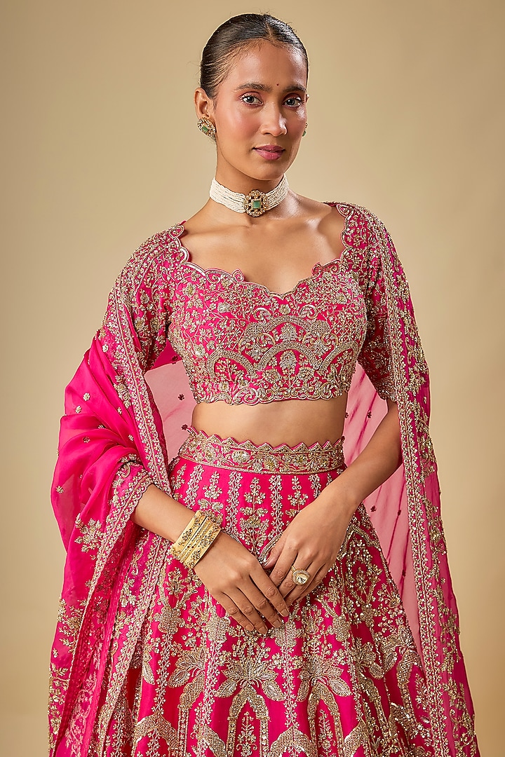 Hot Pink Organza Hand Embroidered Bridal Lehenga Set by Anushree Reddy at Pernia's Pop Up Shop
