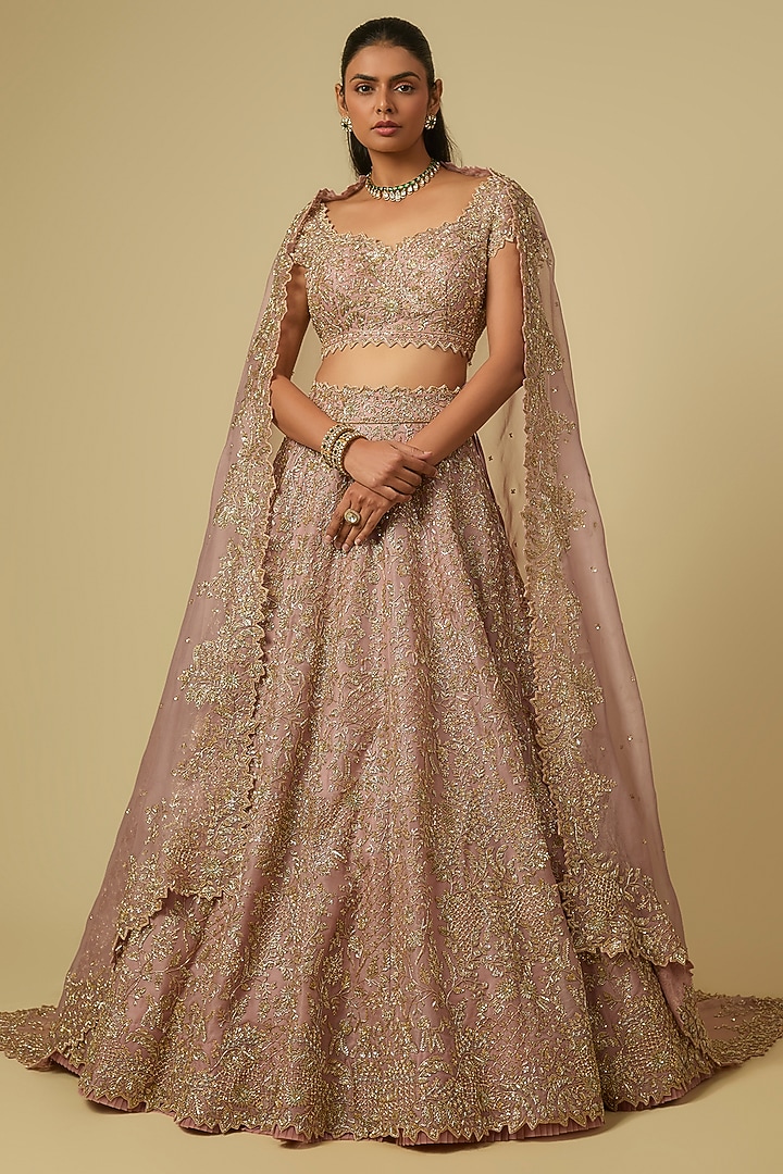 Pinkish Champagne Organza Hand Embroidered Bridal Lehenga Set by Anushree Reddy at Pernia's Pop Up Shop