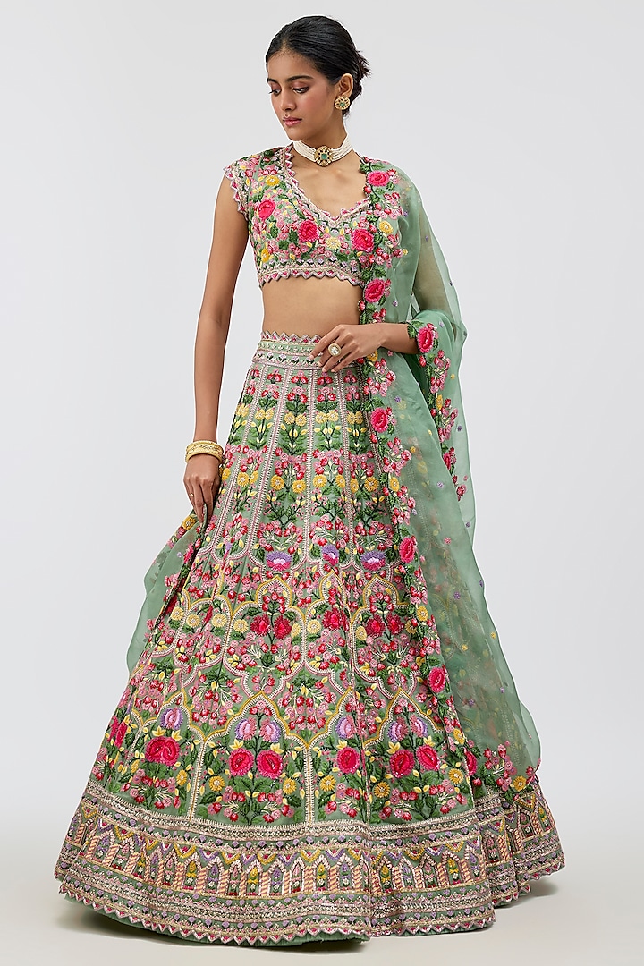 Sea Green Organza Hand Embroidered Bridal Lehenga Set by Anushree Reddy at Pernia's Pop Up Shop