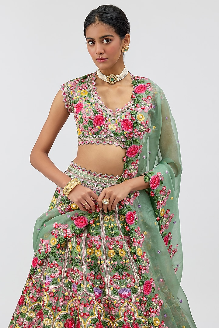 Sea Green Organza Hand Embroidered Bridal Lehenga Set by Anushree Reddy at Pernia's Pop Up Shop