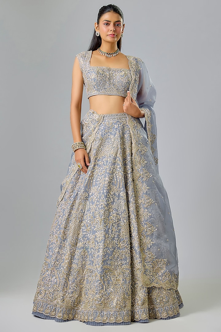 Sky Blue Organza Hand Embroidered Bridal Lehenga Set by Anushree Reddy at Pernia's Pop Up Shop