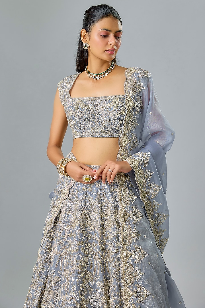 Sky Blue Organza Hand Embroidered Bridal Lehenga Set by Anushree Reddy at Pernia's Pop Up Shop