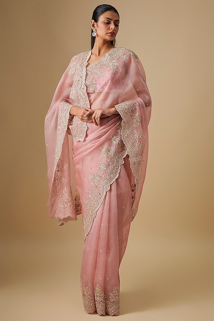 Blush Pink Organza Hand Embroidered Bridal Saree Set by Anushree Reddy at Pernia's Pop Up Shop