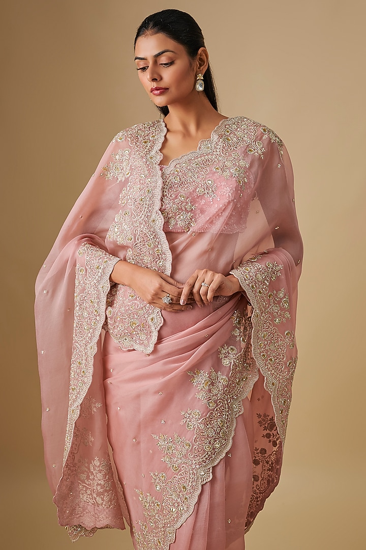 Blush Pink Organza Hand Embroidered Bridal Saree Set by Anushree Reddy at Pernia's Pop Up Shop