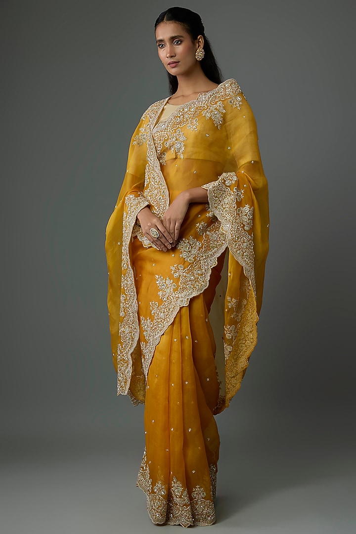 Mustard Yellow Organza Hand Embroidered Bridal Saree Set by Anushree Reddy at Pernia's Pop Up Shop