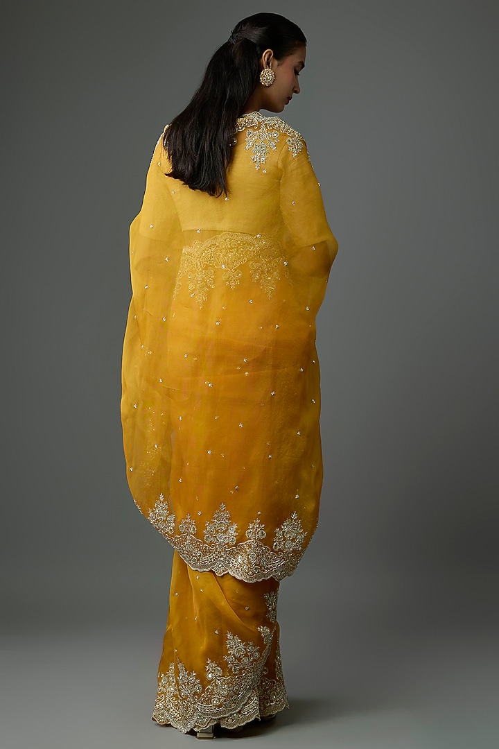 Mustard Yellow Organza Hand Embroidered Bridal Saree Set by Anushree Reddy at Pernia's Pop Up Shop