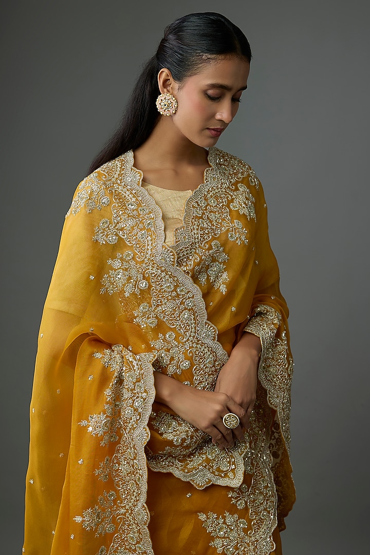 Mustard Yellow Organza Hand Embroidered Bridal Saree Set by Anushree Reddy at Pernia's Pop Up Shop