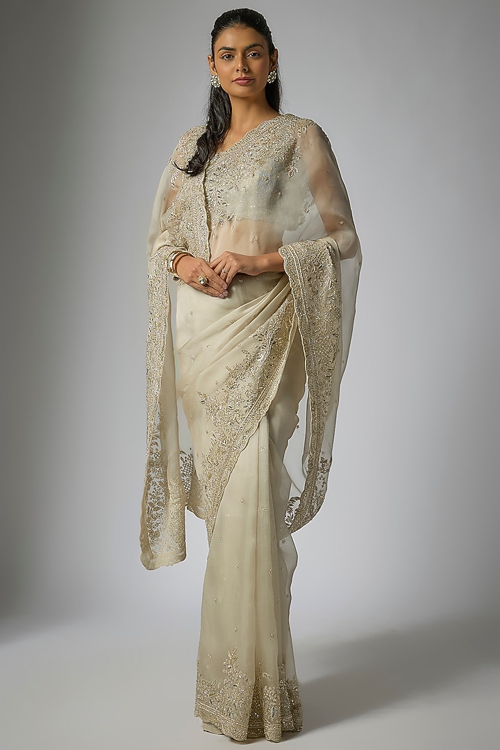 Ivory Organza Hand Embroidered Bridal Saree Set by Anushree Reddy at Pernia's Pop Up Shop