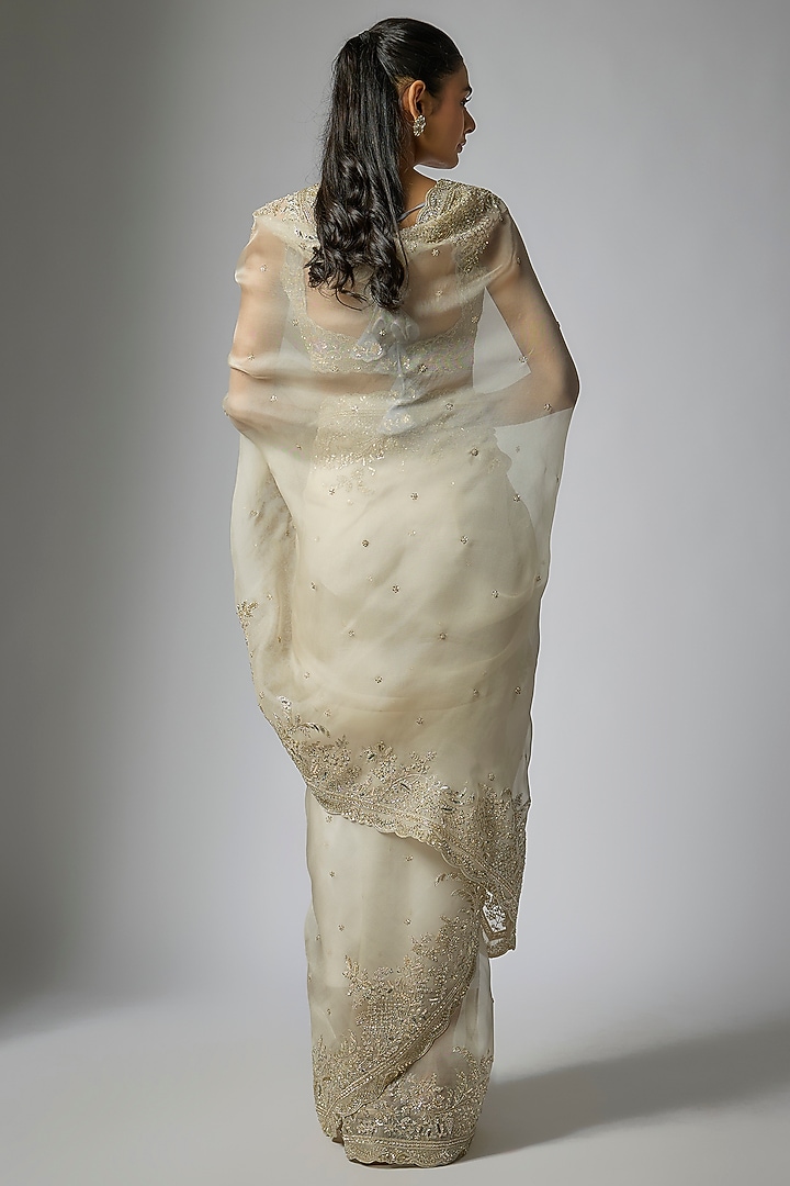 Ivory Organza Hand Embroidered Bridal Saree Set by Anushree Reddy at Pernia's Pop Up Shop