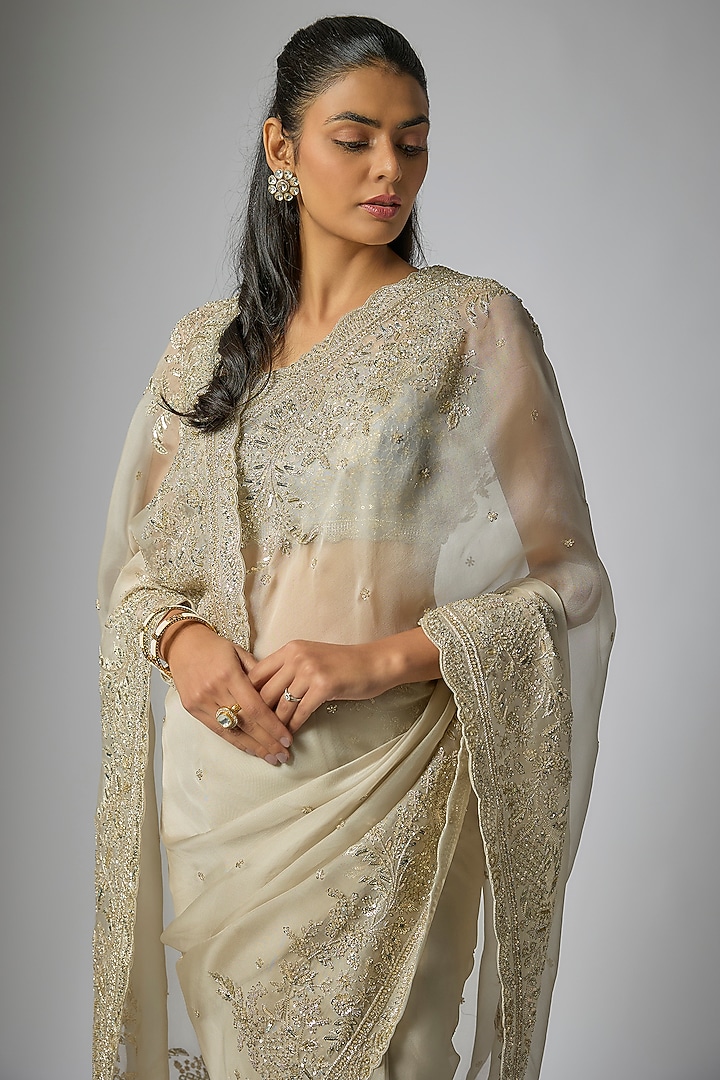 Ivory Organza Hand Embroidered Bridal Saree Set by Anushree Reddy at Pernia's Pop Up Shop