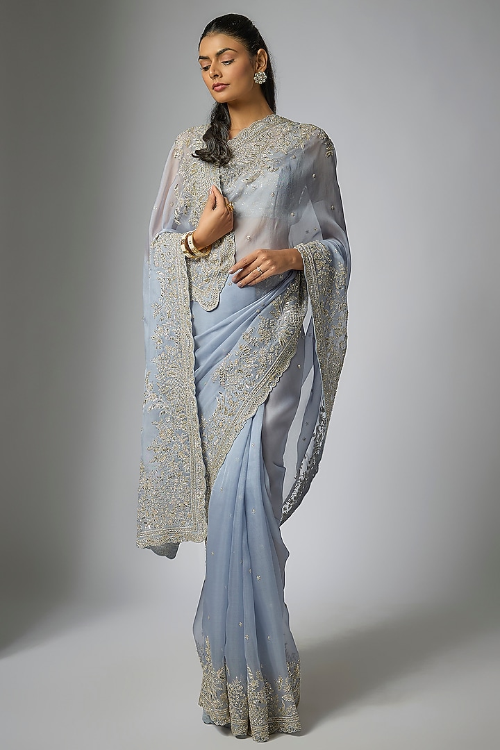 Sky Blue Organza Hand Embroidered Bridal Saree Set by Anushree Reddy at Pernia's Pop Up Shop