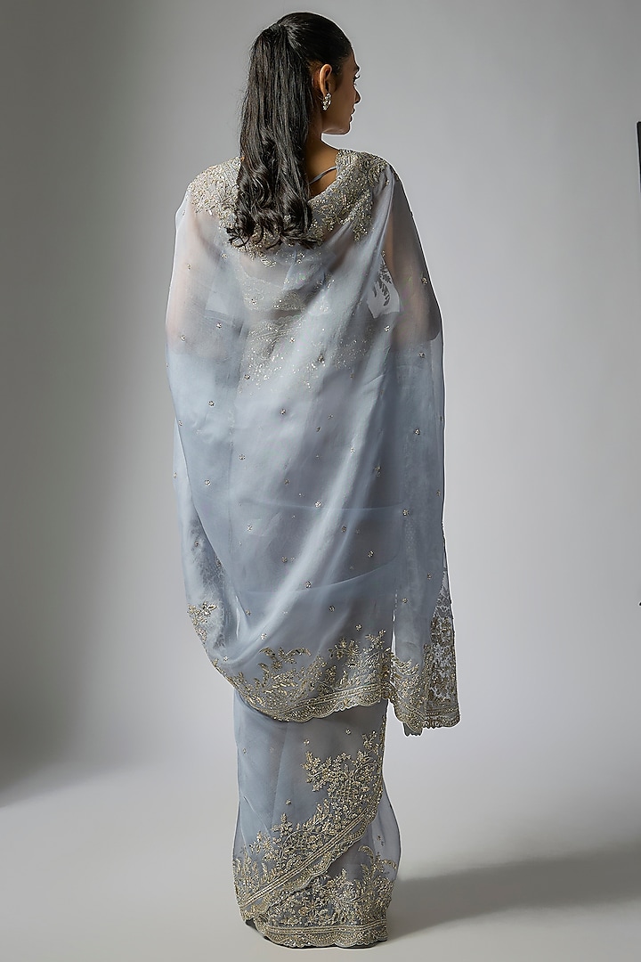 Sky Blue Organza Hand Embroidered Bridal Saree Set by Anushree Reddy at Pernia's Pop Up Shop