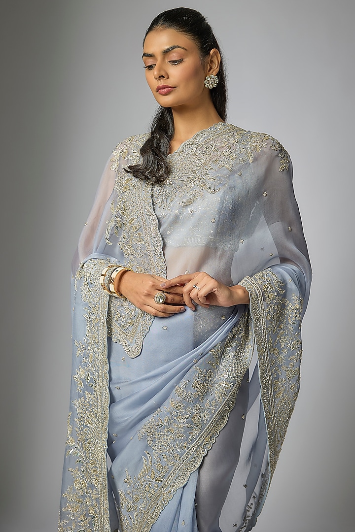 Sky Blue Organza Hand Embroidered Bridal Saree Set by Anushree Reddy at Pernia's Pop Up Shop