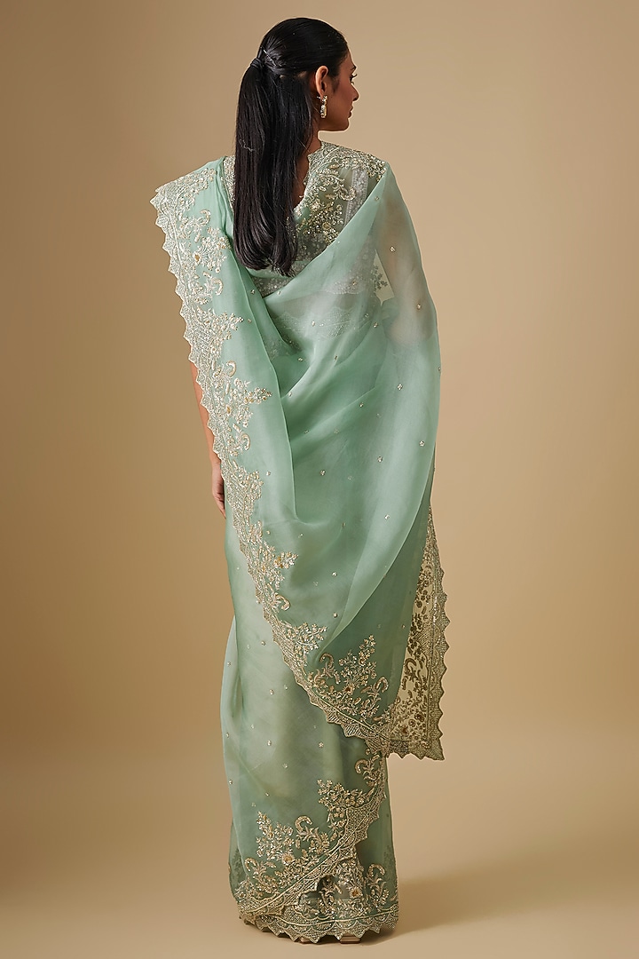 Sea Green Organza Hand Embroidered Bridal Saree Set by Anushree Reddy at Pernia's Pop Up Shop