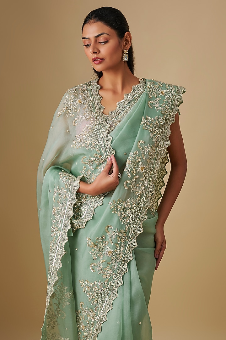 Sea Green Organza Hand Embroidered Bridal Saree Set by Anushree Reddy at Pernia's Pop Up Shop
