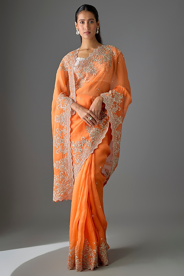 Orange Organza Hand Embroidered Bridal Saree Set by Anushree Reddy at Pernia's Pop Up Shop