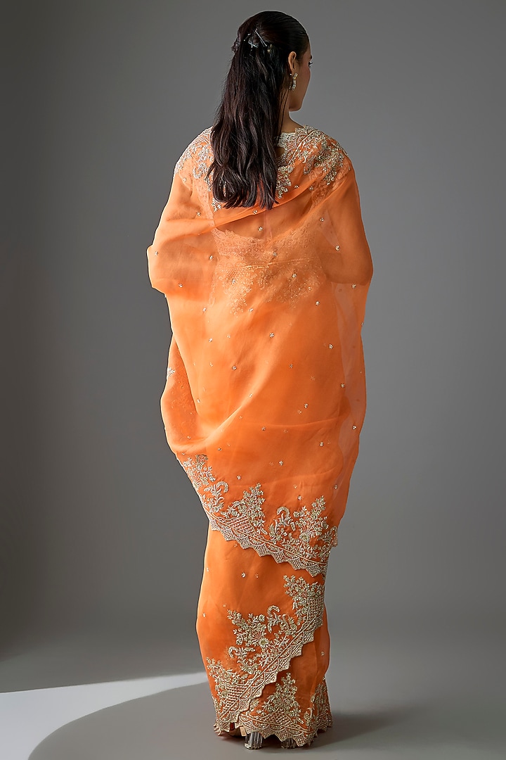 Orange Organza Hand Embroidered Bridal Saree Set by Anushree Reddy at Pernia's Pop Up Shop