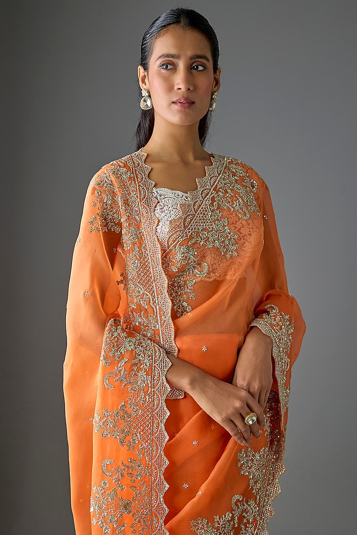 Orange Organza Hand Embroidered Bridal Saree Set by Anushree Reddy at Pernia's Pop Up Shop