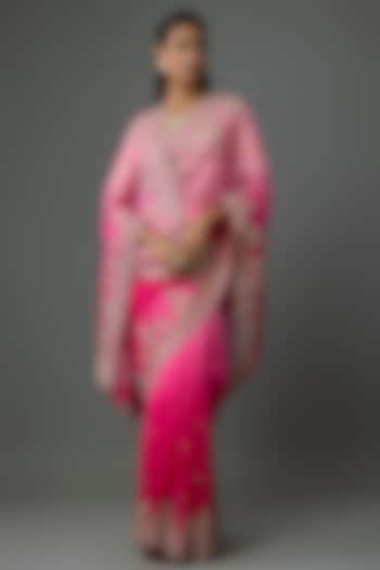 Pink & Hot Pink Organza Embroidered Bridal Saree Set by Anushree Reddy at Pernia's Pop Up Shop