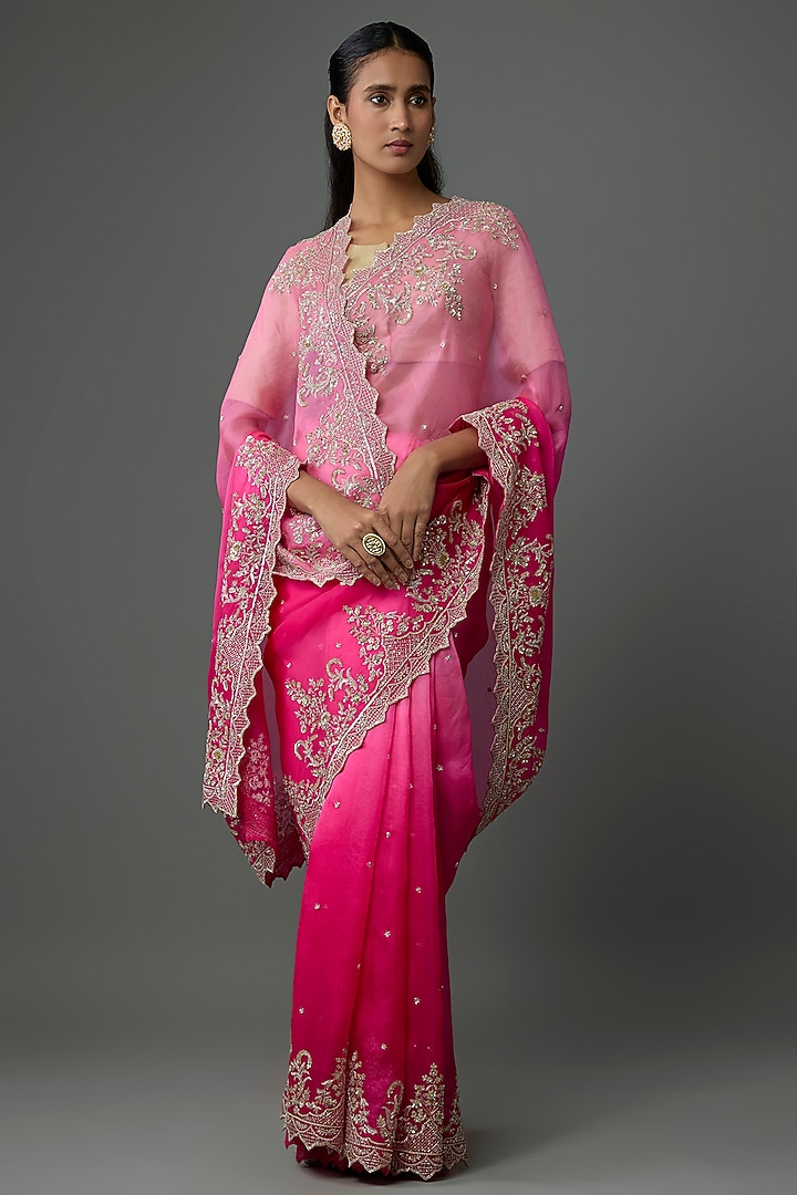 Pink & Hot Pink Organza Embroidered Bridal Saree Set by Anushree Reddy at Pernia's Pop Up Shop