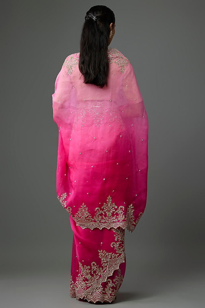 Pink & Hot Pink Organza Embroidered Bridal Saree Set by Anushree Reddy at Pernia's Pop Up Shop