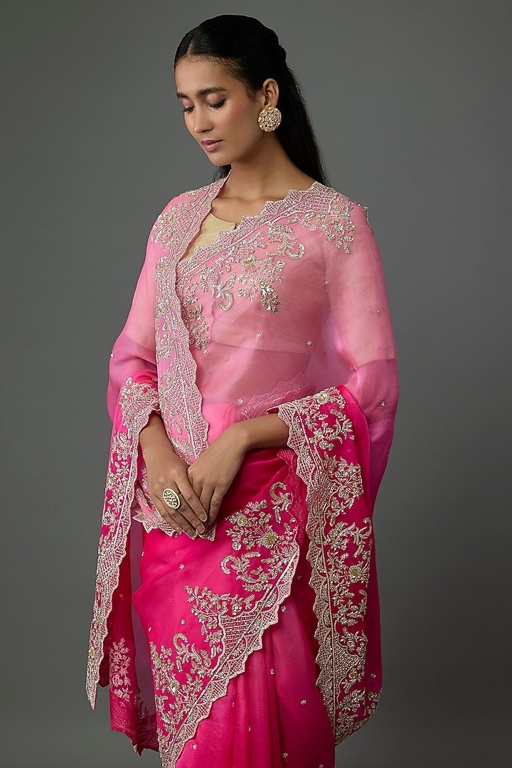Pink & Hot Pink Organza Embroidered Bridal Saree Set by Anushree Reddy at Pernia's Pop Up Shop