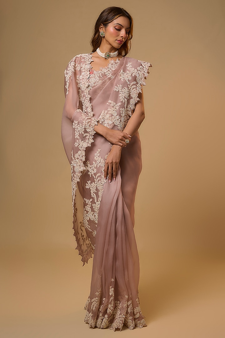 Dusty Pink Organza Reception Saree Set by Anushree Reddy at Pernia's Pop Up Shop