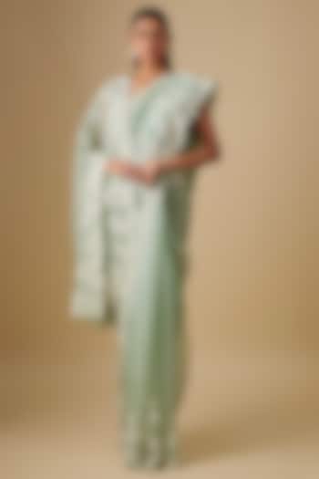 Sea Green Organza Hand & Machine Embroidered Reception Saree Set by Anushree Reddy at Pernia's Pop Up Shop