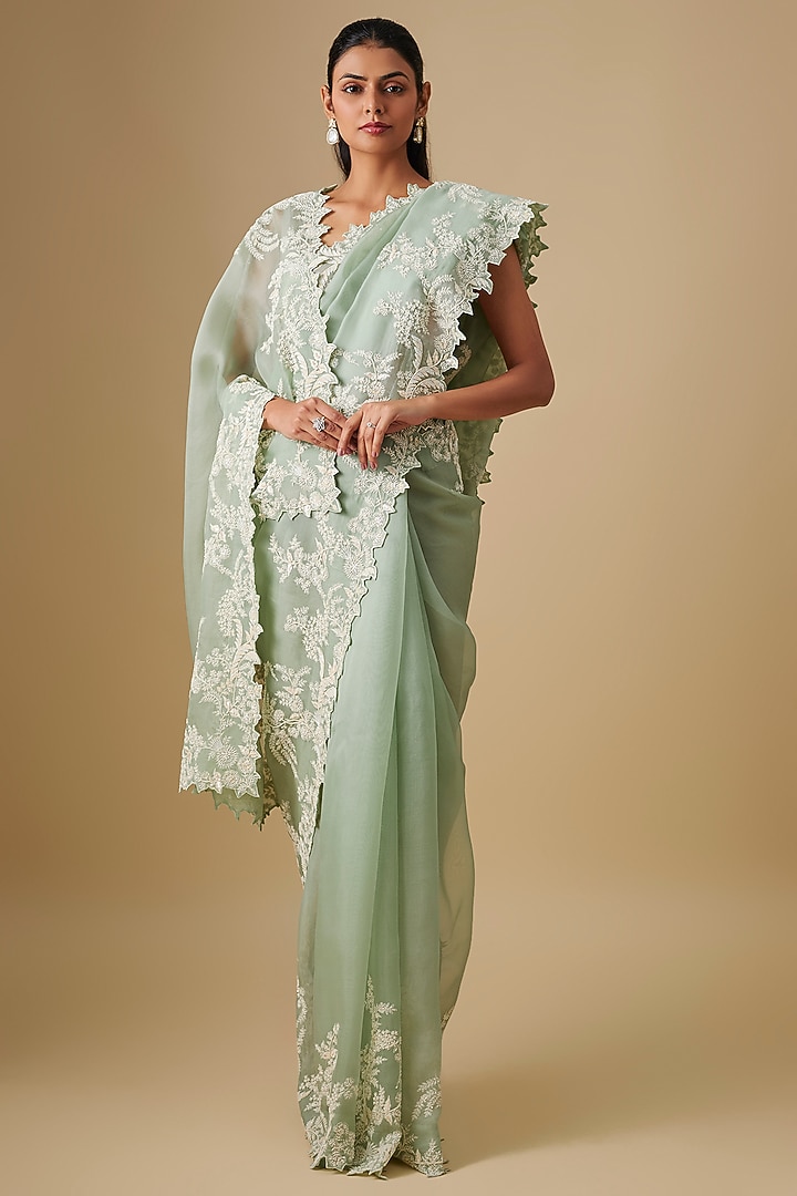 Sea Green Organza Hand & Machine Embroidered Reception Saree Set by Anushree Reddy at Pernia's Pop Up Shop