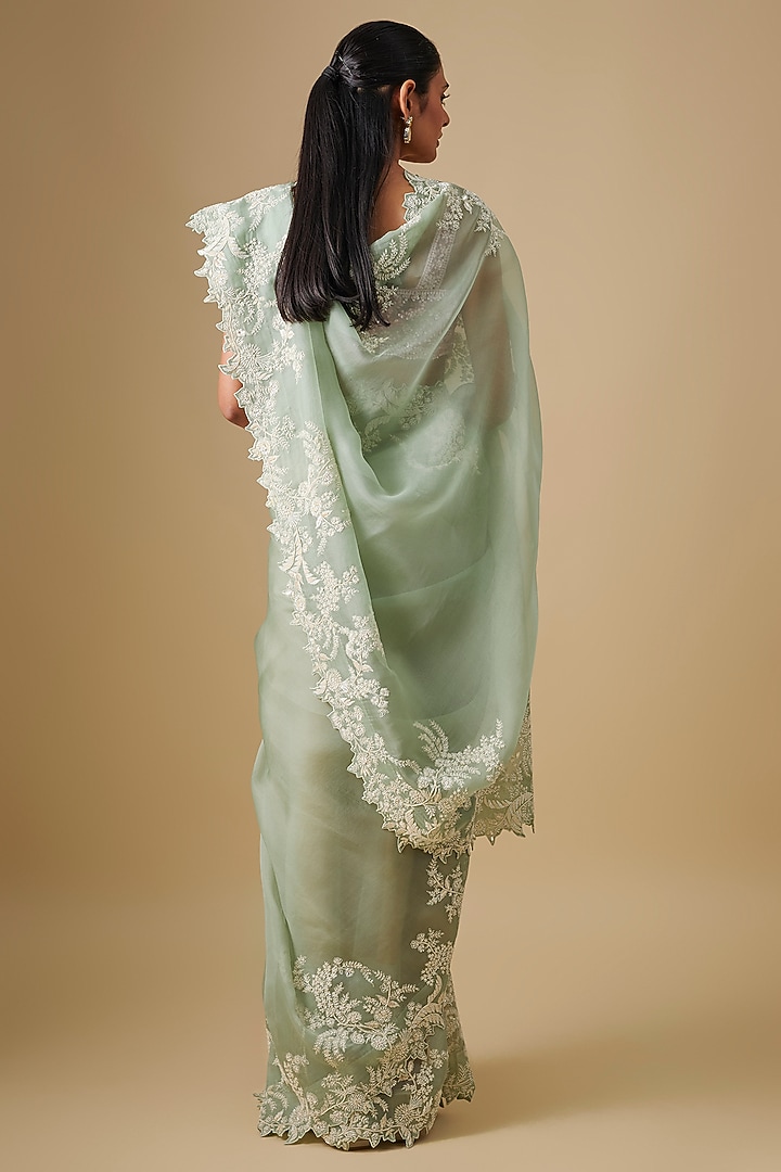 Sea Green Organza Hand & Machine Embroidered Reception Saree Set by Anushree Reddy at Pernia's Pop Up Shop