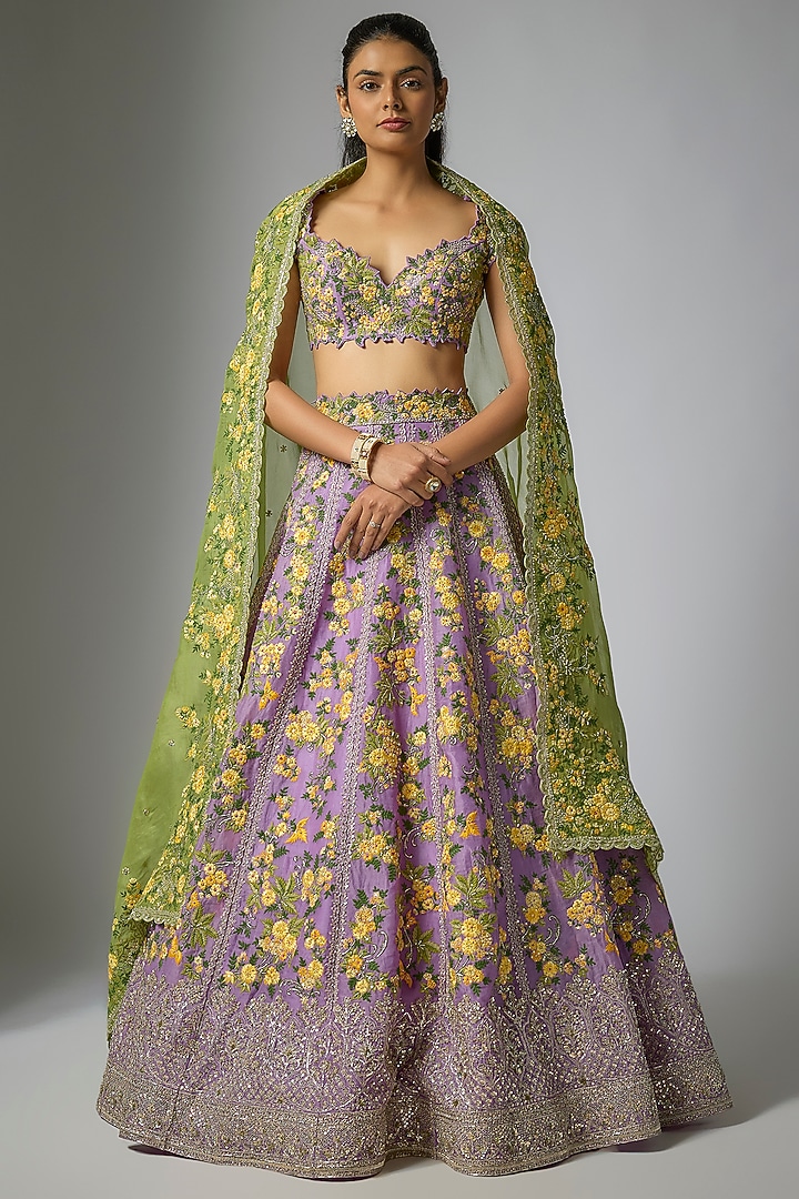Lavender Organza Hand & Machine Embroidered Bridal Lehenga Set by Anushree Reddy at Pernia's Pop Up Shop