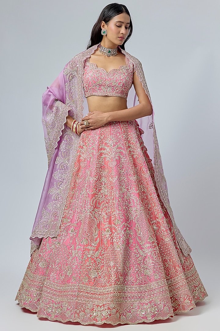 Coral Pink Organza Bridal Lehenga Set by Anushree Reddy at Pernia's Pop Up Shop