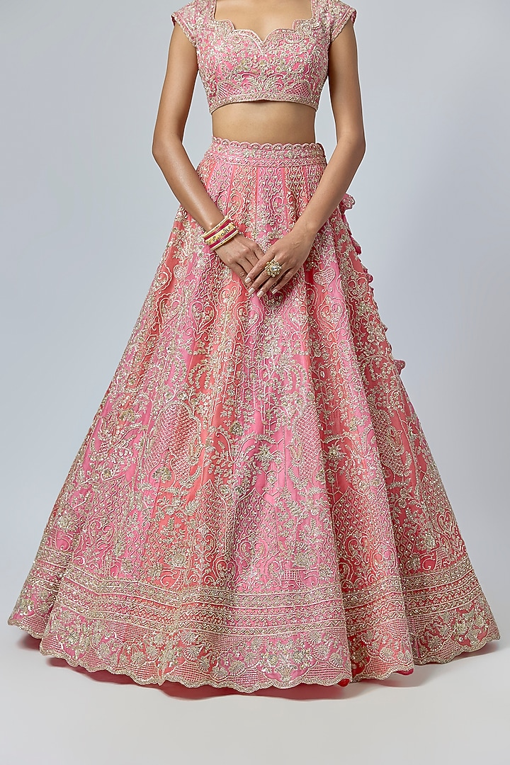 Coral Pink Organza Bridal Lehenga Set by Anushree Reddy at Pernia's Pop Up Shop