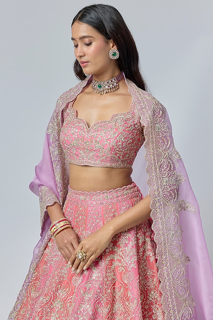 Coral Pink Organza Bridal Lehenga Set by Anushree Reddy at Pernia's Pop Up Shop