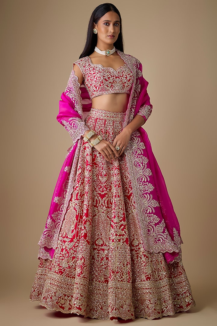Red Organza Hand Embroidered Bridal Lehenga Set by Anushree Reddy at Pernia's Pop Up Shop
