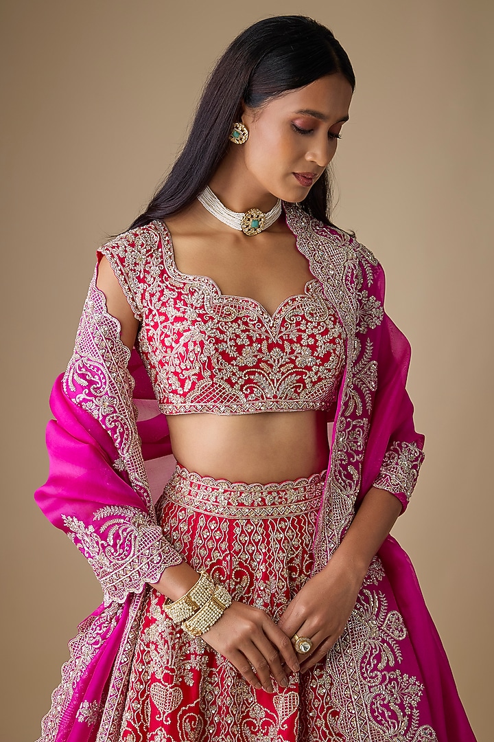 Red Organza Hand Embroidered Bridal Lehenga Set by Anushree Reddy at Pernia's Pop Up Shop