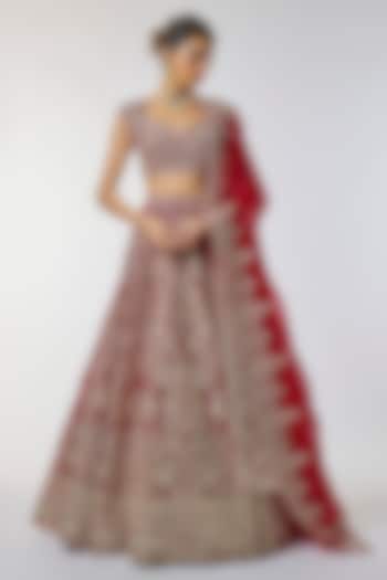 Red Organza Hand Embroidered Bridal Lehenga Set by Anushree Reddy at Pernia's Pop Up Shop
