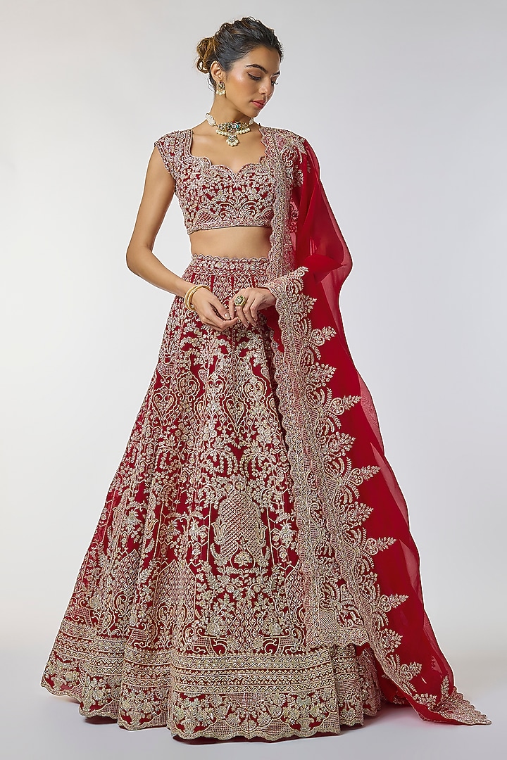 Red Organza Hand Embroidered Bridal Lehenga Set by Anushree Reddy at Pernia's Pop Up Shop