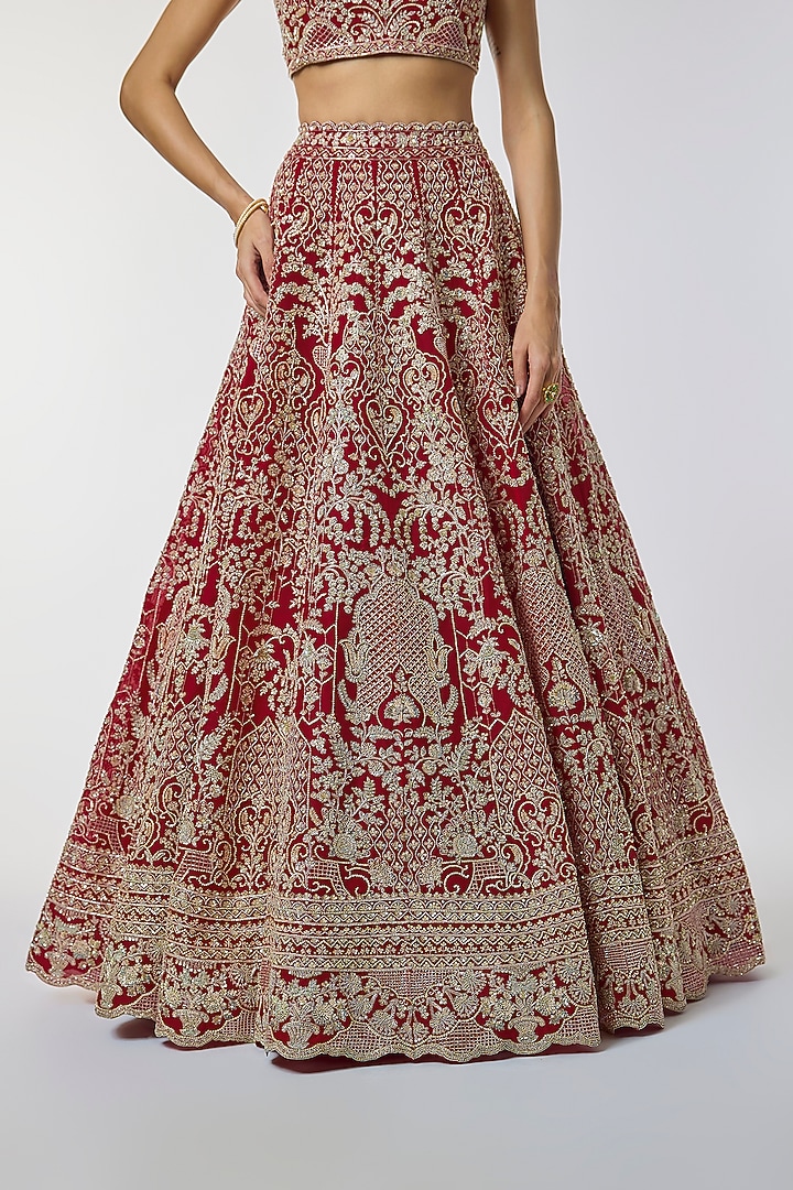 Red Organza Hand Embroidered Bridal Lehenga Set by Anushree Reddy at Pernia's Pop Up Shop