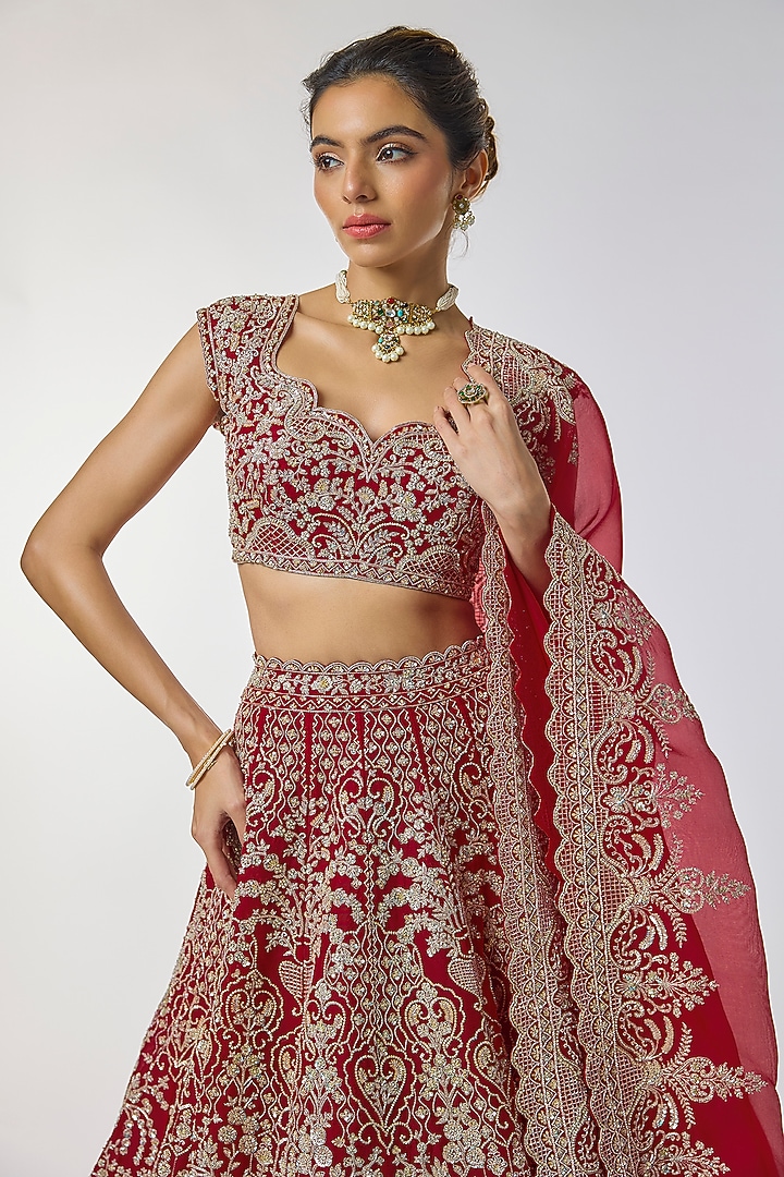 Red Organza Hand Embroidered Bridal Lehenga Set by Anushree Reddy at Pernia's Pop Up Shop