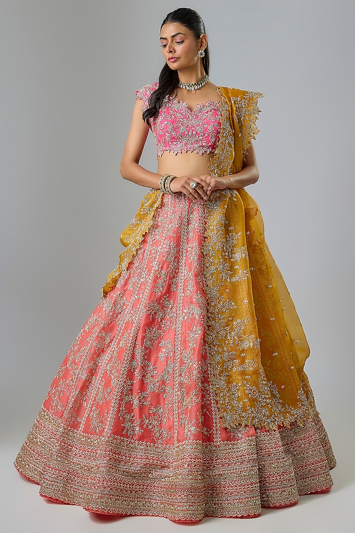 Orange Organza Hand Embroidered Bridal Lehenga Set  by Anushree Reddy at Pernia's Pop Up Shop