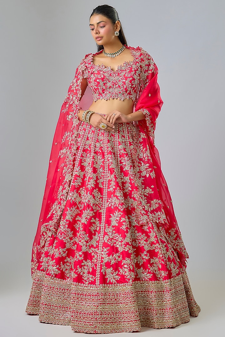 Red Raw Silk & Organza Bridal Lehenga Set by Anushree Reddy at Pernia's Pop Up Shop