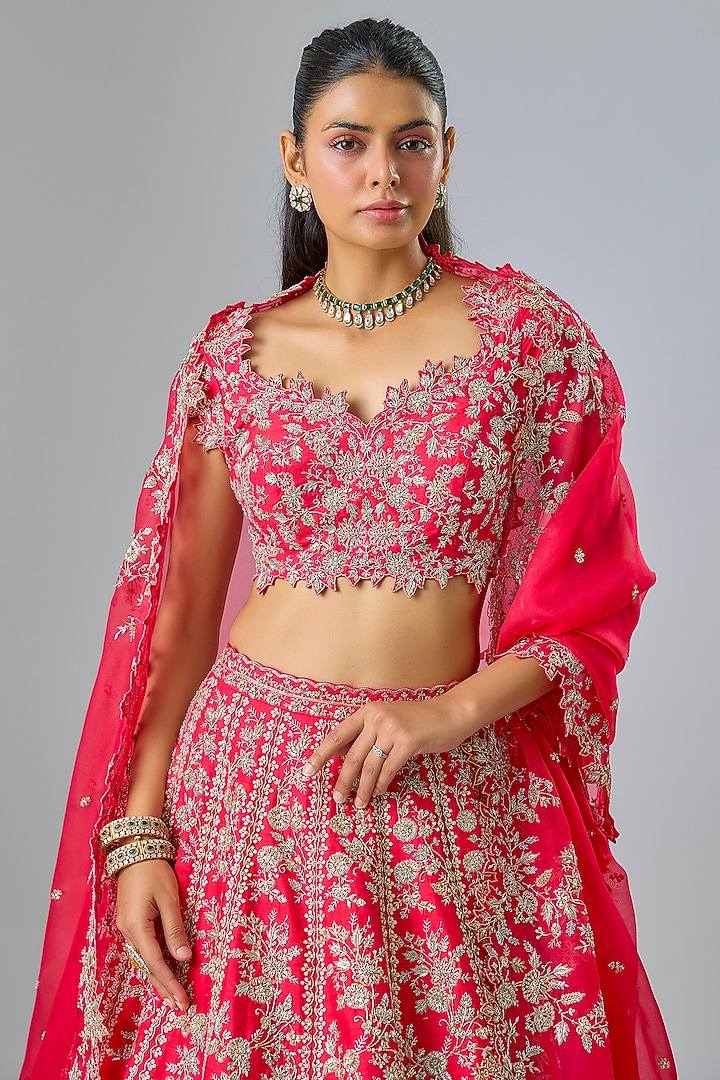 Red Raw Silk & Organza Bridal Lehenga Set by Anushree Reddy at Pernia's Pop Up Shop