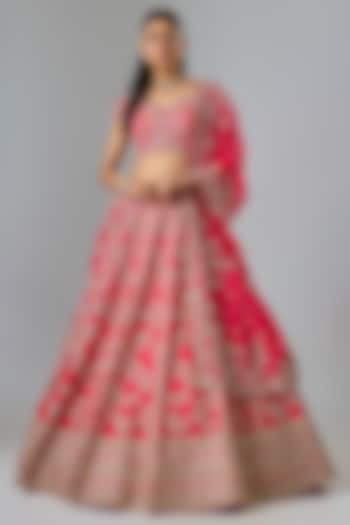Cherry Red Organza Hand Embroidered Bridal Lehenga Set  by Anushree Reddy at Pernia's Pop Up Shop